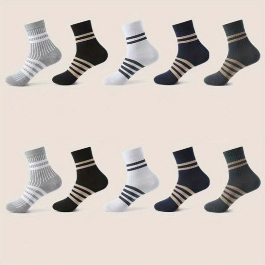 Men's Striped Sport Socks Mid Crew Sweat Absorbing Comfy Breathable - 10 Pairs