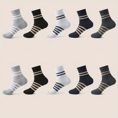 Men's Striped Sport Socks Mid Crew Sweat Absorbing Comfy Breathable - 10 Pairs