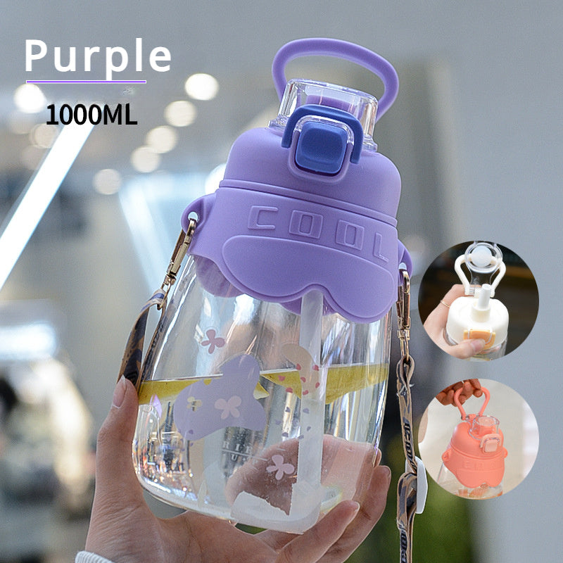 Portable 1000ml Water Bottle With Straw & Strap