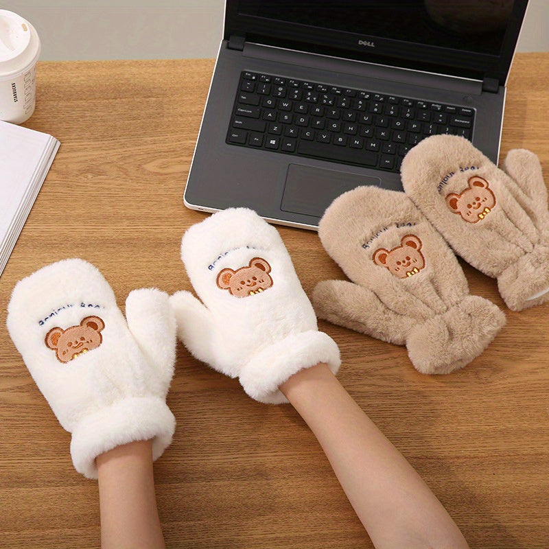 Bear Windproof Gloves for Winter Warmth Plush Casual Style