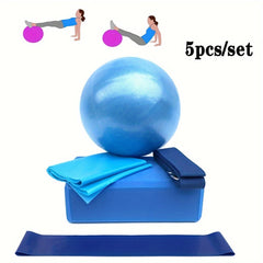 5pc Yoga Pilates Training Set: Ball, Block, 3 Tension Belts