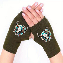 Retro Knit Fingerless Gloves with Cow Skull Pattern for Winter