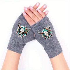 Retro Knit Fingerless Gloves with Cow Skull Pattern for Winter