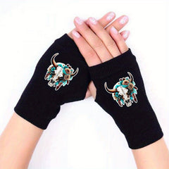 Retro Knit Fingerless Gloves with Cow Skull Pattern for Winter