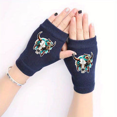 Retro Knit Fingerless Gloves with Cow Skull Pattern for Winter
