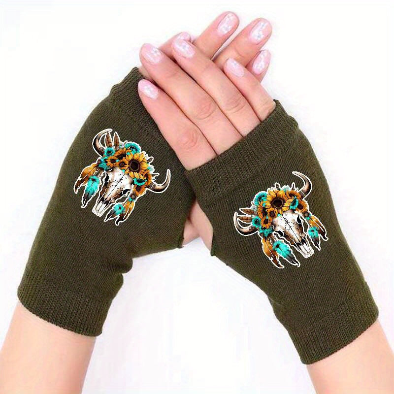 Wildflower Cow Skull Fingerless Knitted Gloves Winter Warm