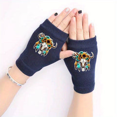 Wildflower Cow Skull Fingerless Knitted Gloves Winter Warm