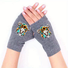 Wildflower Cow Skull Fingerless Knitted Gloves Winter Warm