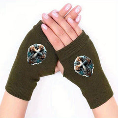 Retro Printed Half Finger Gloves Men Women Warmth Protection Frost