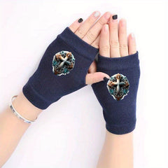 Retro Printed Half Finger Gloves Men Women Warmth Protection Frost