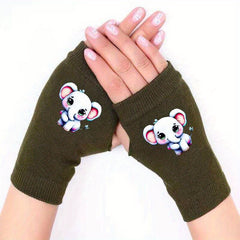Elephant Knitted Fingerless Gloves Winter Warmth Elastic P