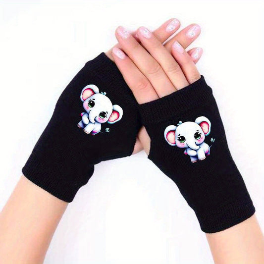 Elephant Knitted Fingerless Gloves Winter Warmth Elastic P