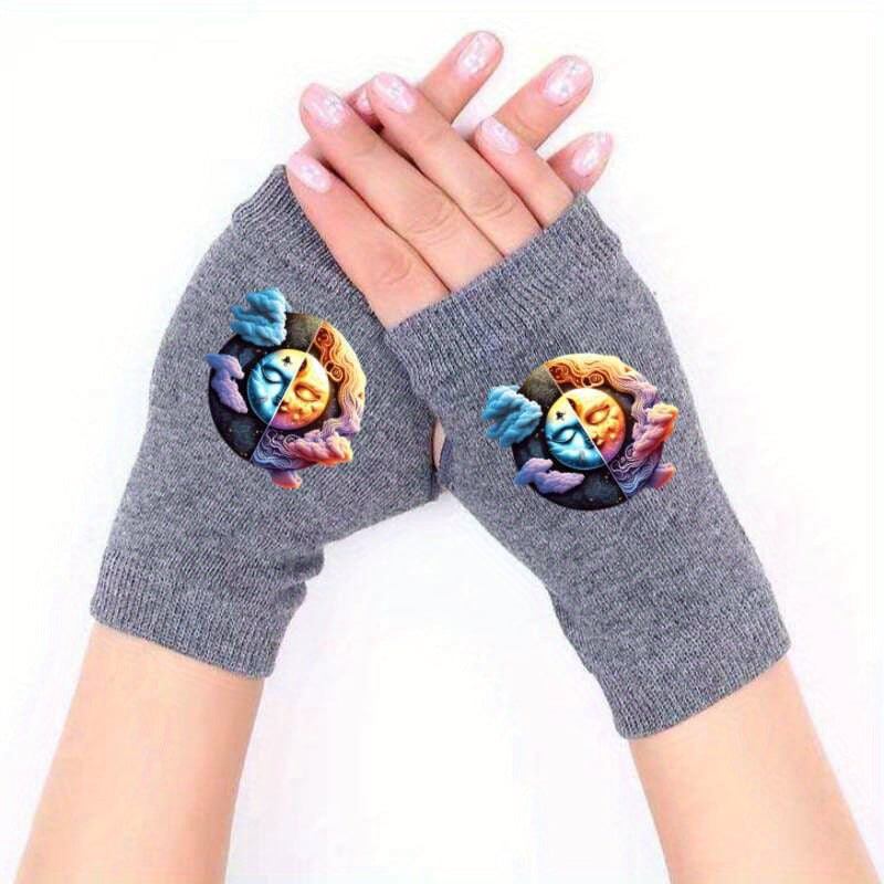 Sun Moon Fingerless Knit Gloves Winter Coldproof Anti-Freeze Stretch Pattern