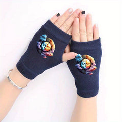 Sun Moon Fingerless Knit Gloves Winter Coldproof Anti-Freeze Stretch Pattern