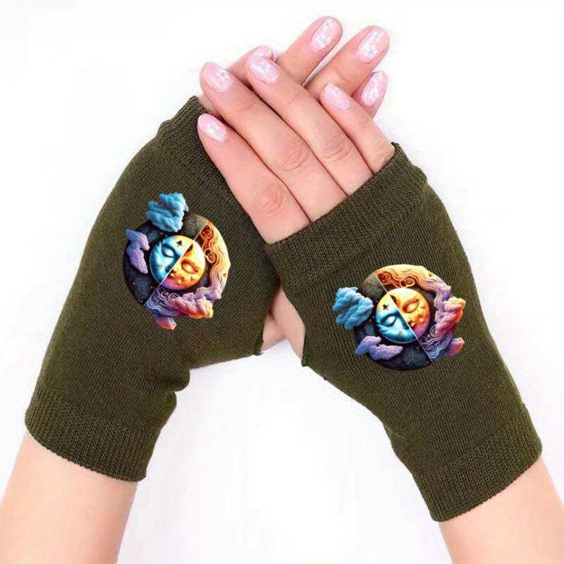 Sun Moon Fingerless Knit Gloves Winter Coldproof Anti-Freeze Stretch Pattern