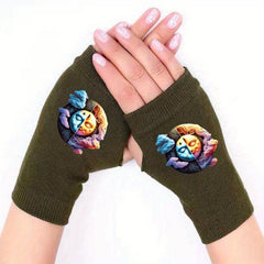 Sun Moon Fingerless Knit Gloves Winter Coldproof Anti-Freeze Stretch Pattern