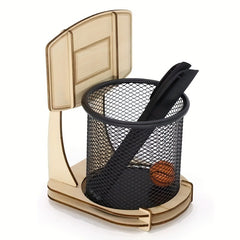 Wooden Desk Basketball Stand Pen Pencil Holder Office Supplies