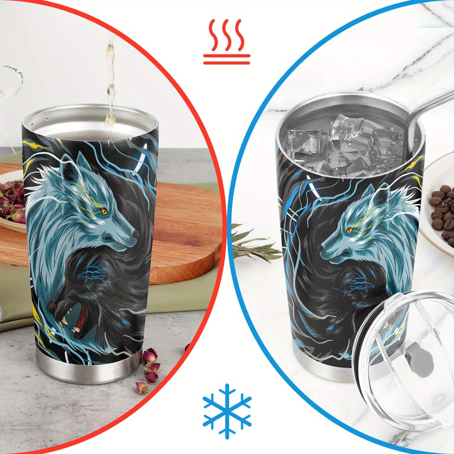 20oz Stainless Steel Tumbler Wolf Pattern Insulated Travel Mug