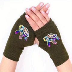 Turtle Retro Fingerless Gloves Winter Elastic Print Pattern