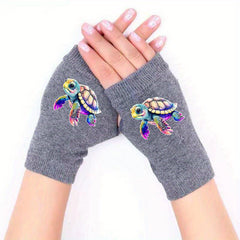 Turtle Retro Fingerless Gloves Winter Elastic Print Pattern