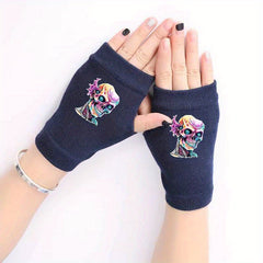 Psychedelic Skull Fingerless Gloves Winter Warm Anti-Freeze