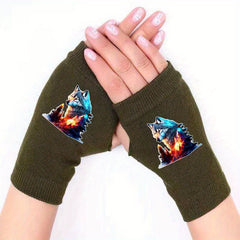 Luminous Retro Wolf Dew Pointer Fingerless Gloves for Winter Men and Women