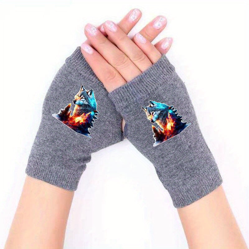 Luminous Retro Wolf Dew Pointer Fingerless Gloves for Winter Men and Women