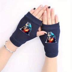 Luminous Retro Wolf Dew Pointer Fingerless Gloves for Winter Men and Women