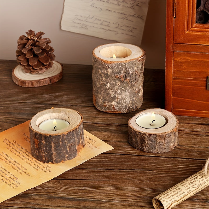 3pcs Wooden Tea Light Candle Holder Wedding Birthday Natural Wood Flower Pot