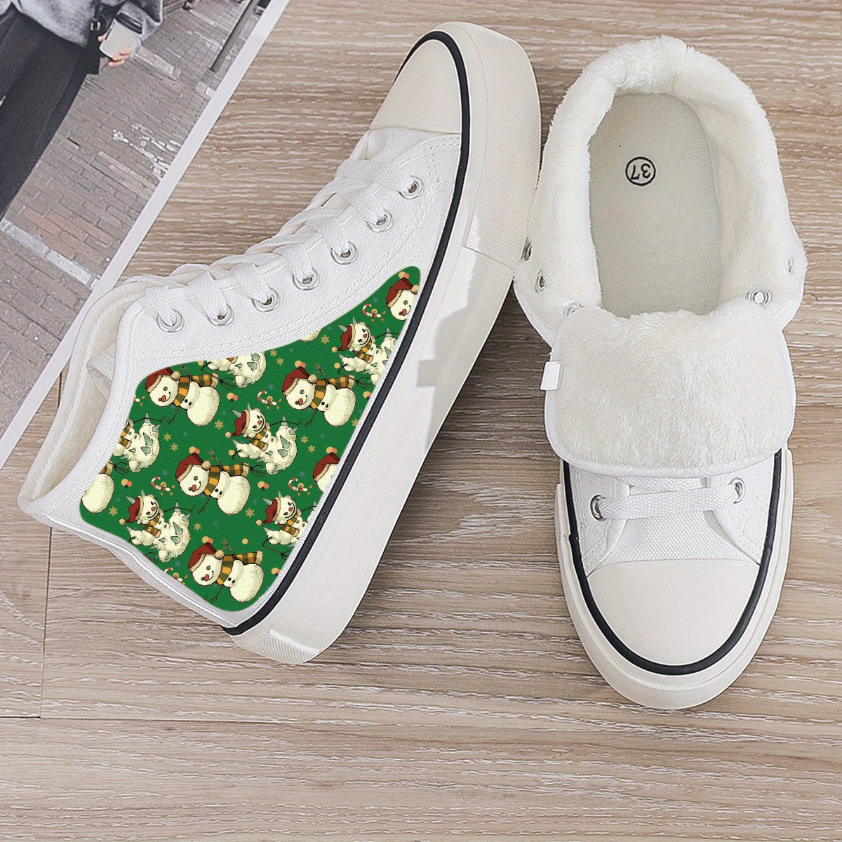 Snowman Print Plush Lined Chunky Canvas Sneakers