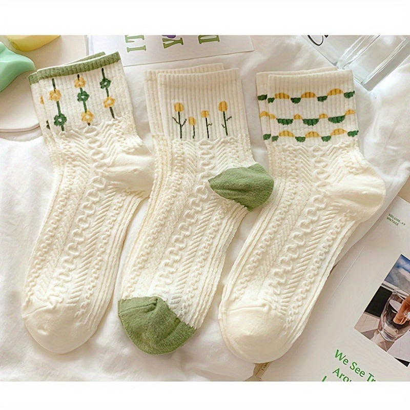 Teen's Cartoon Flower Pattern Knit Socks - Set of 5