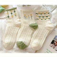 Teen's Cartoon Flower Pattern Knit Socks - Set of 5