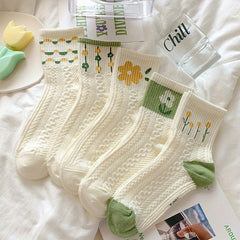 Teen's Cartoon Flower Pattern Knit Socks - Set of 5