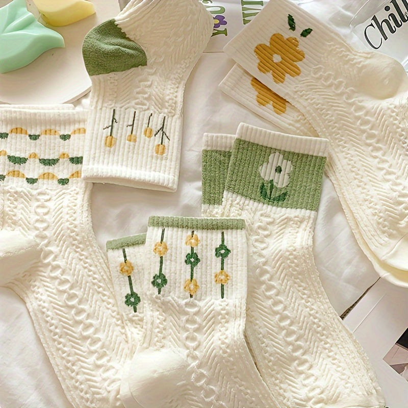 Teen's Cartoon Flower Pattern Knit Socks - Set of 5