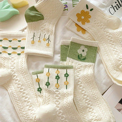 Teen's Cartoon Flower Pattern Knit Socks - Set of 5