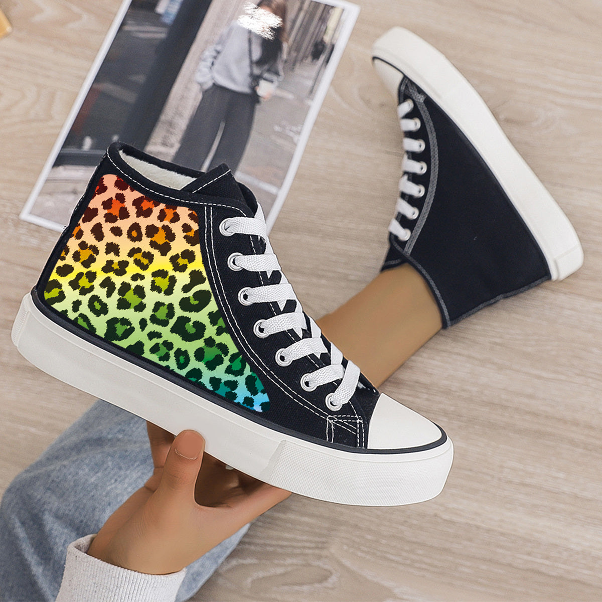 Leopard Print Plush Lined Chunky Canvas Sneakers