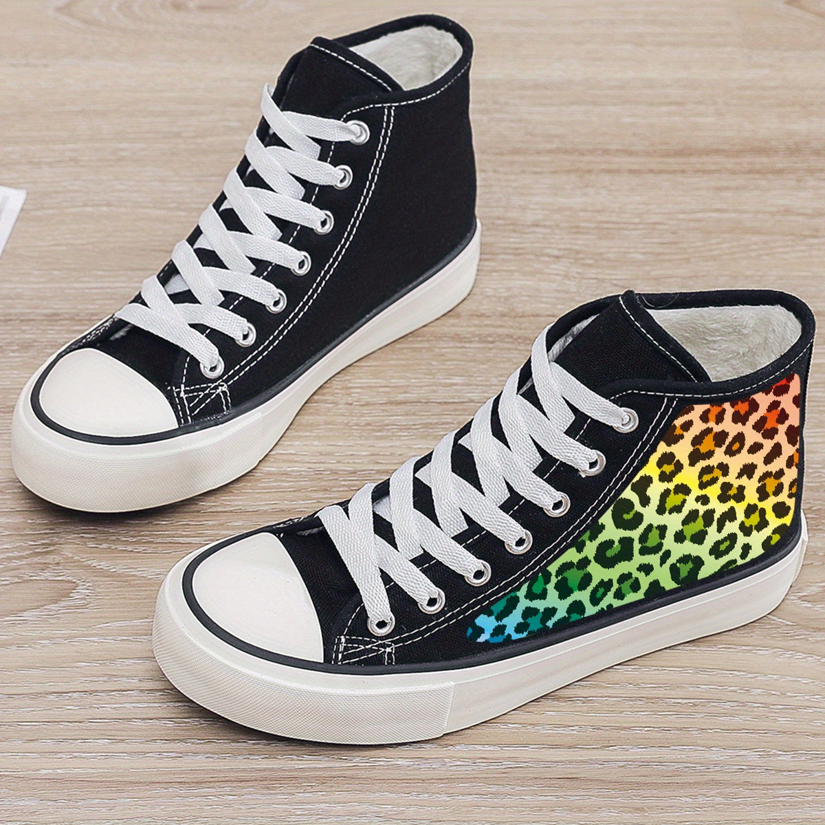 Leopard Print Plush Lined Chunky Canvas Sneakers