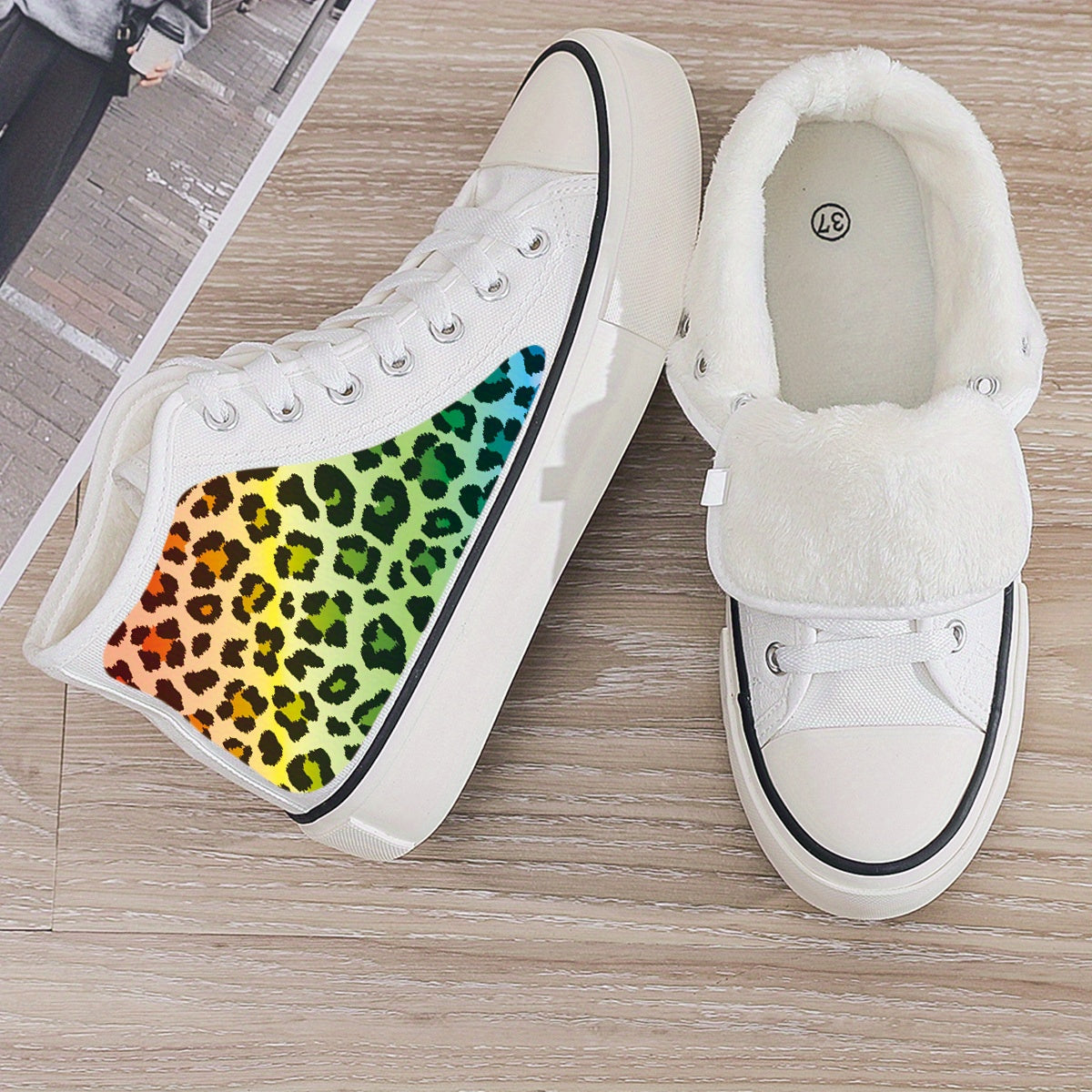 Leopard Print Plush Lined Chunky Canvas Sneakers