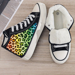 Leopard Print Plush Lined Chunky Canvas Sneakers