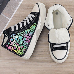 Leopard Print Plush Lined Chunky Canvas Sneakers