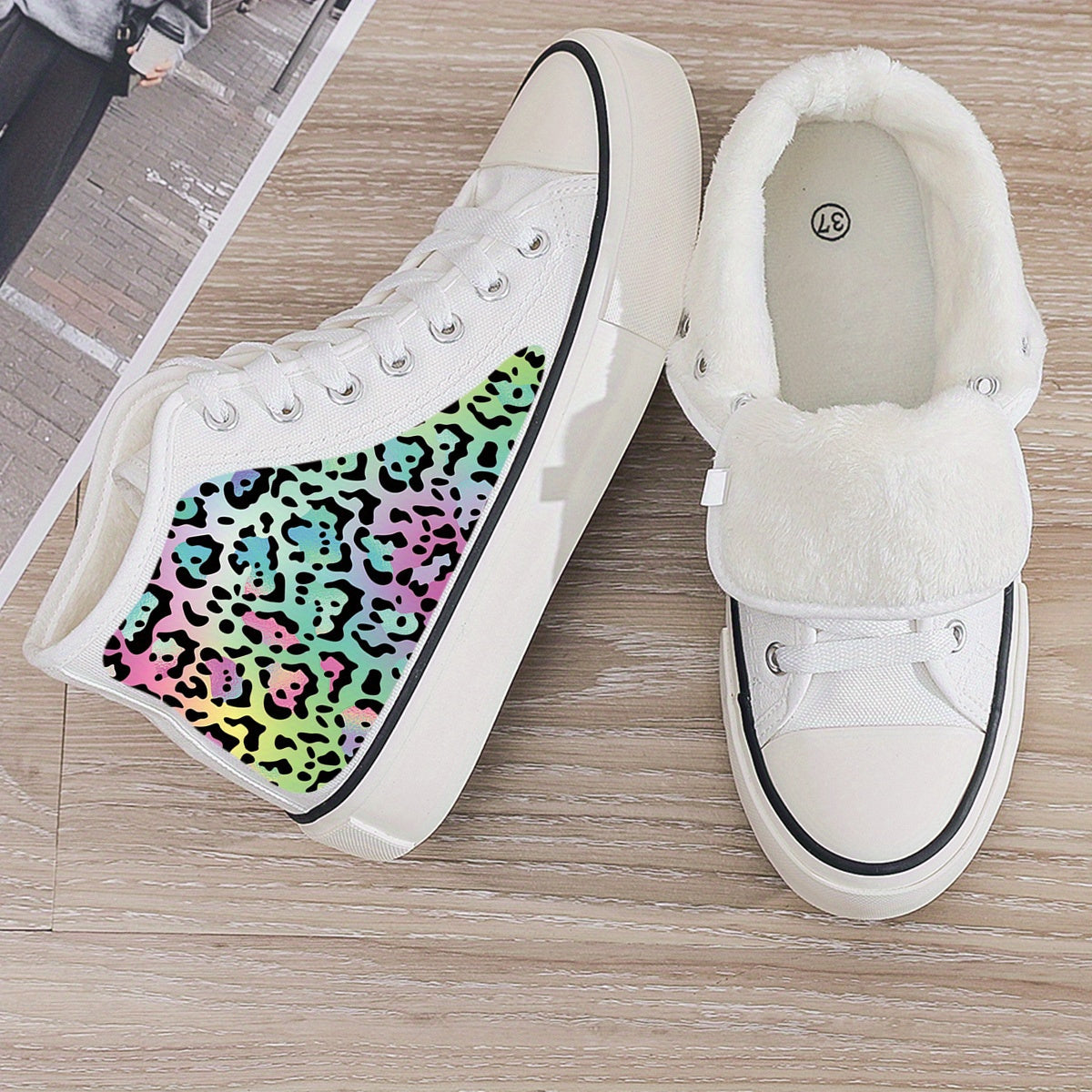 Leopard Print Plush Lined Chunky Canvas Sneakers