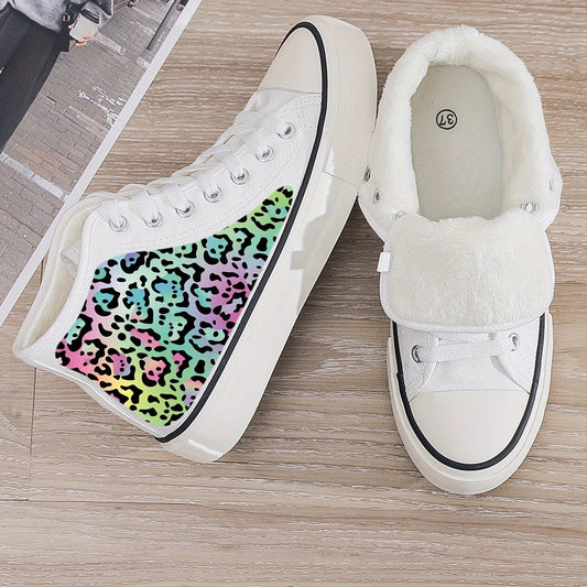 Leopard Print Plush Lined Chunky Canvas Sneakers