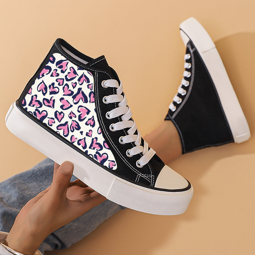 Leopard Heart Print Flat Heighten Chunky Canvas Sneakers