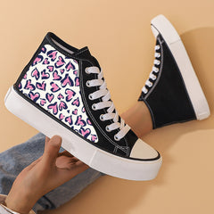 Leopard Heart Print Flat Heighten Chunky Canvas Sneakers