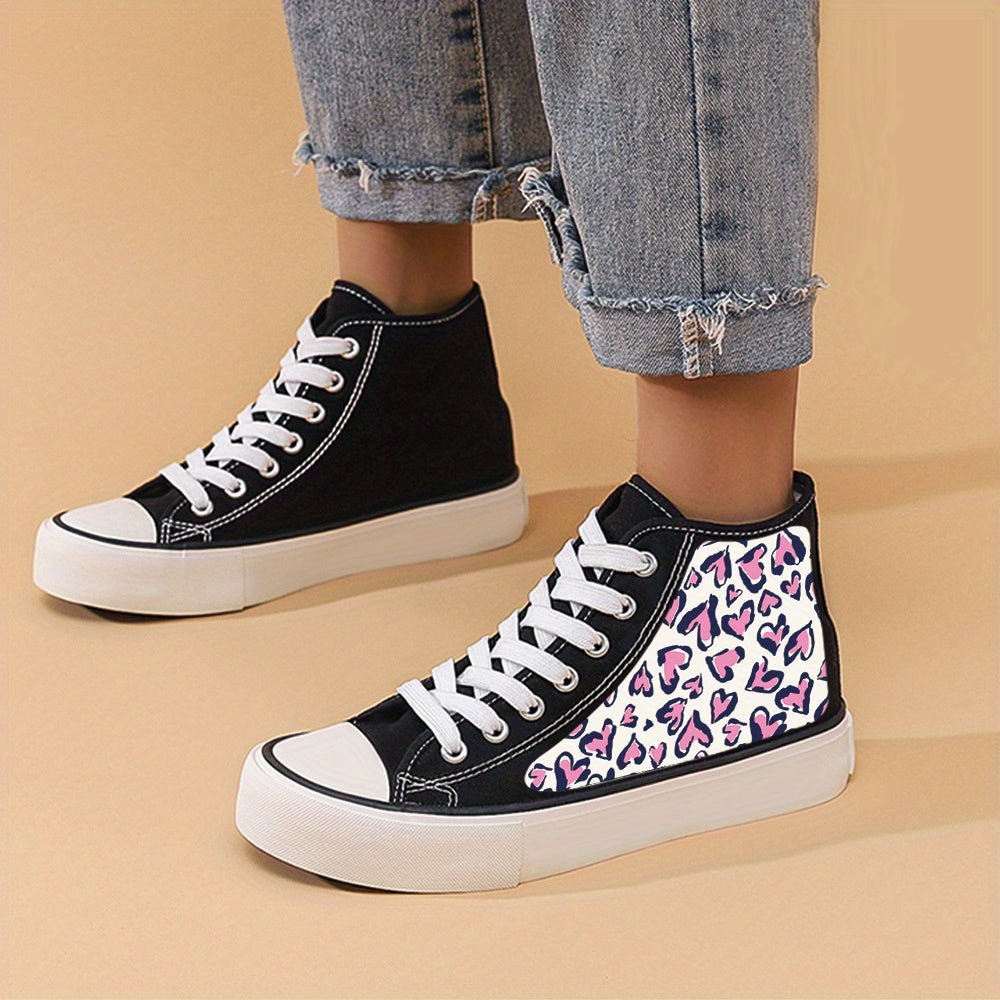 Leopard Heart Print Flat Heighten Chunky Canvas Sneakers