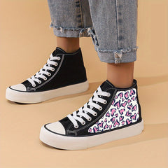 Leopard Heart Print Flat Heighten Chunky Canvas Sneakers