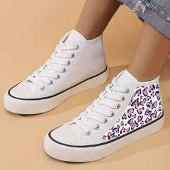Leopard Heart Print Flat Heighten Chunky Canvas Sneakers
