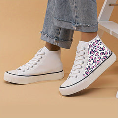 Leopard Heart Print Flat Heighten Chunky Canvas Sneakers