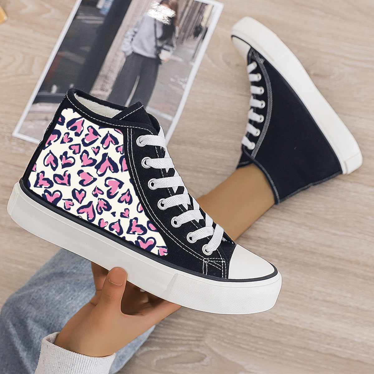 Leopard Heart Print Plush Lined Thermal Chunky Canvas Sneakers