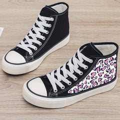 Leopard Heart Print Plush Lined Thermal Chunky Canvas Sneakers